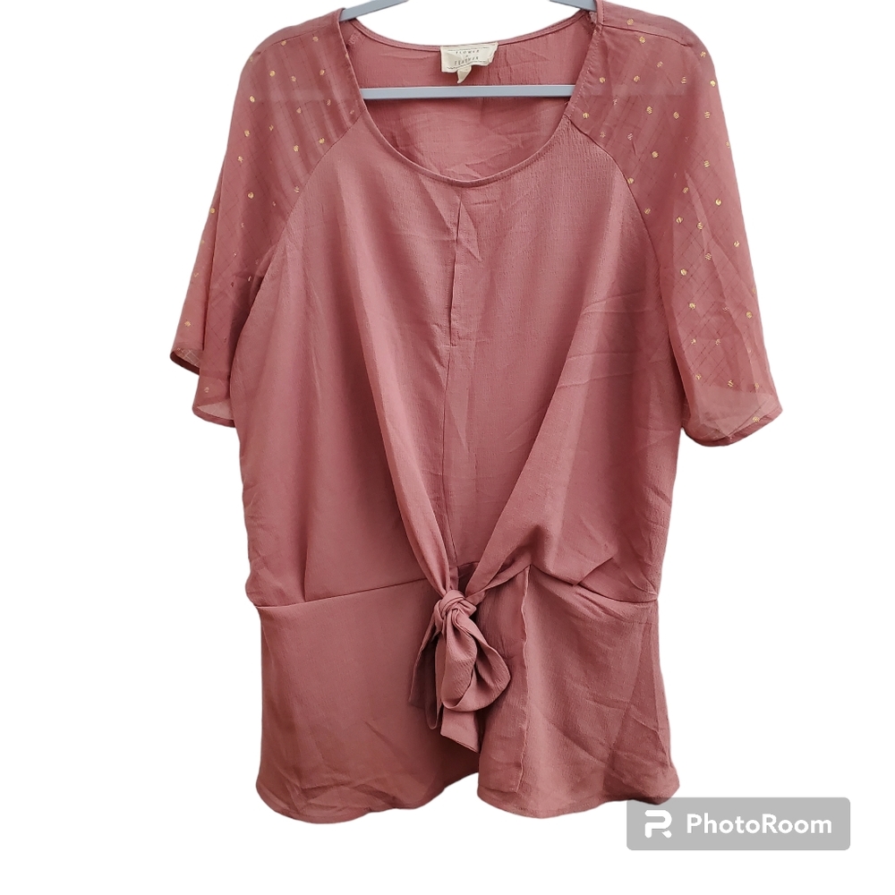 Flower & Feather Pink Flowy Top 2XL waist tie gold dot sheer sleeves plus